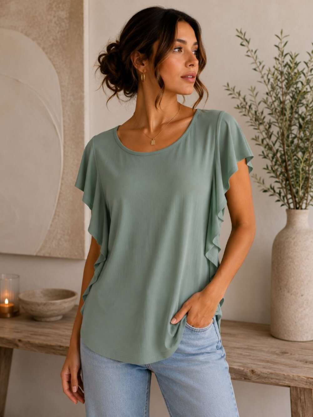 IMAN Global Chic Flutter Sleeve Top | Sage Mint Green | Size S | NWT